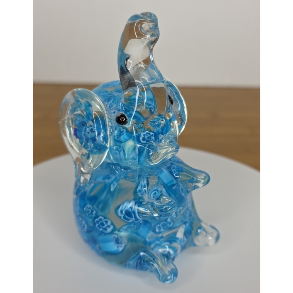 Millefiori Hand Blown Art Glass Elephant Paperweight Blue White Trunk Up Vintage